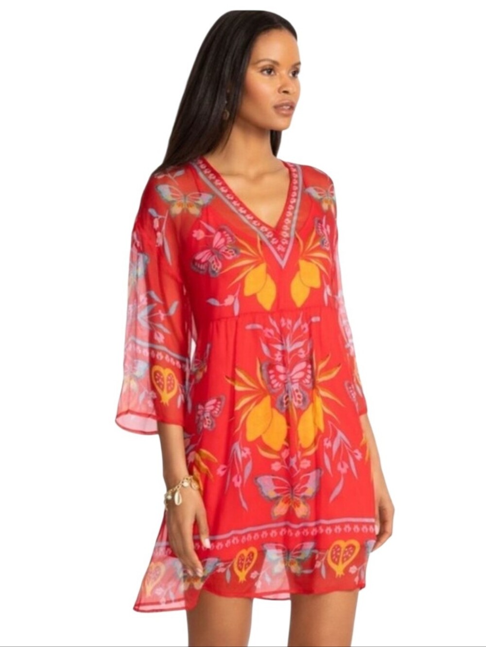 Johnny Was Jade Barbara 100% Silk Red Floral Sheer Mini Dress, Size XL NWT